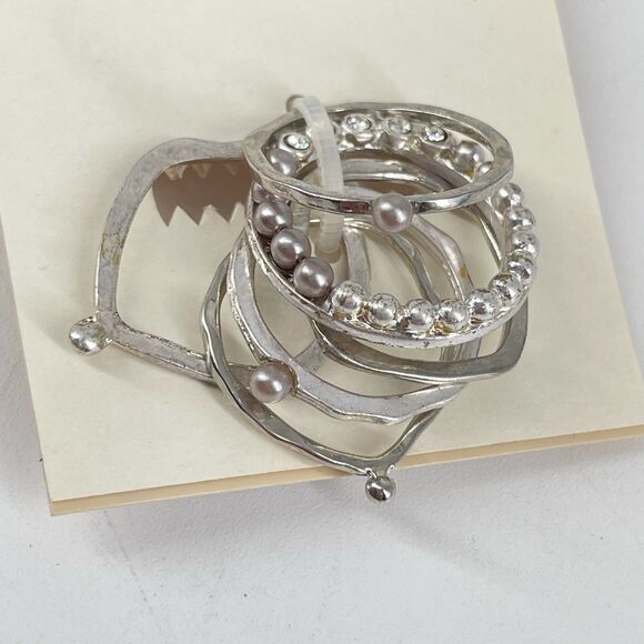 Kenneth Cole Silver Tone Stackable Ring Set 6pcs Metal Beads New on Card - Picture 3 of 4